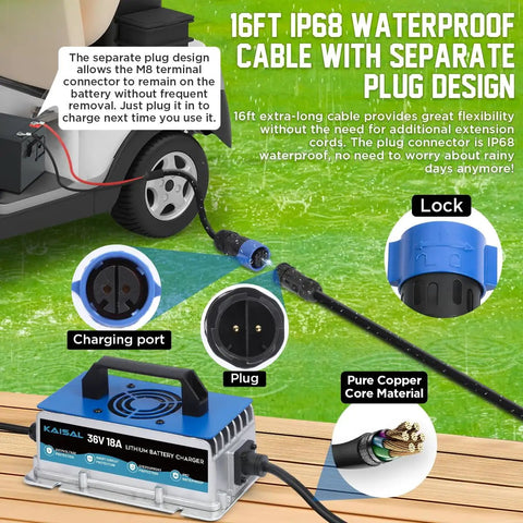 Heavy Duty 36Volt LiFePO4 Battery Charger 43.8V 18A With Zero Volt Wake Up And IP67 Waterproof Housing For Golf Carts Rv Boats And Trolling Motors Built Like A Tank And Drop Dead Simple