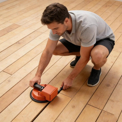 Person using Ultra Strong Floor Suction Cup Tool With Vacuum Grip For DIY No Slip Wood Floor Plank And Tile Installations Quick Fix Leveling And Repair Grabber For Bathroom Kitchen And Living Room Surfaces on wood floor.