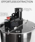 Electric Honey Extractor 8 Frame Rack With 4 Deep Frames, transparent lid highlighting cooling fan and emergency stop button.