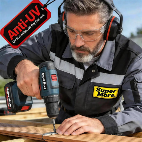 Man using Shop Ready 12 Pack Safety Glasses For The Daily Hustle And Sports, Ansi Z87.1 Rated while drilling wood.