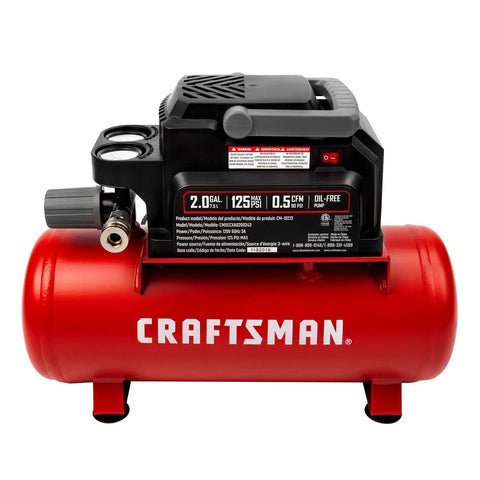 2 Gallon Portable Air Compressor With Knockout Oil Free Motor delivering a steady 125 PSI on a bright red tank, ideal for projects.