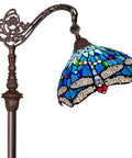 Tiffany Style Stained Glass Floor Lamp 62 Inch Tall With Blue Dragonfly Shade, Soft Ambient Light, ornate arched metal arm.