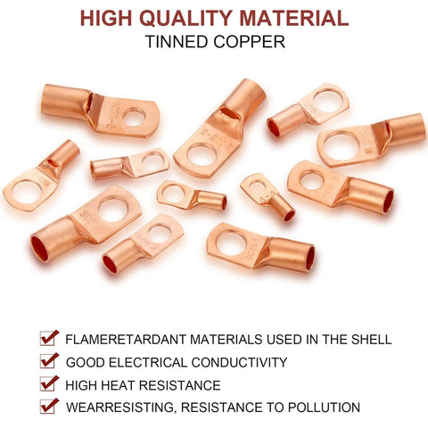 Copper Wire Lug Kit 170 Pcs Battery Terminal Connectors in 12 sizes, visible tinned copper ring terminals, marine automotive use
