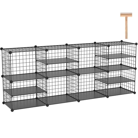 Interlocking Metal Wire Cube Storage Unit With Divider Design, modular stackable bookshelf, black finish with plastic panels