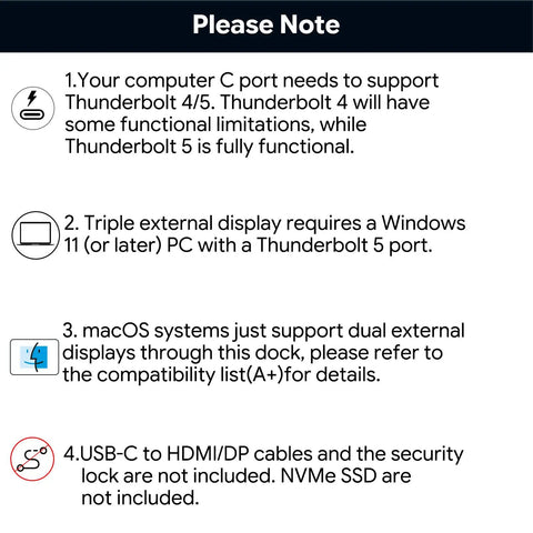 Instructions for Thunderbolt 5 Docking Station With NVMe M.2 SSD Slot And 140W Power Delivery regarding compatibility requirements.