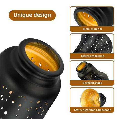 Ceiling Fan Light Covers 4 Pack Replacement Shades For Pendant Lights With 1-5/8 Inch Fitter 4.75 Inch Diameter And 4.5 Inch Height Metal Bell Shaped Covers For Chandeliers And Wall Sconces features close-up of black metal and golden interior with starry pattern details.