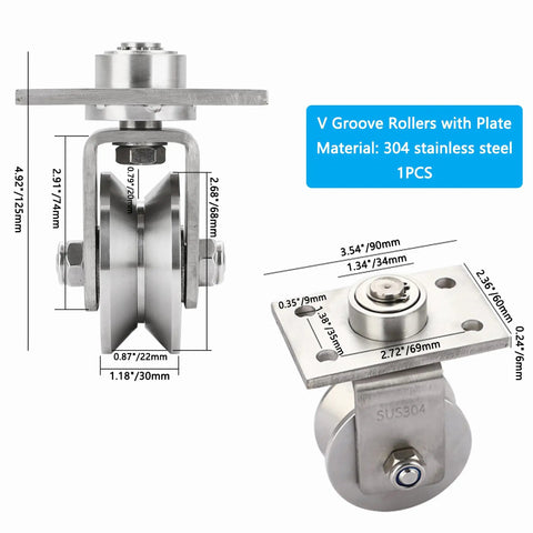 Heavy Duty V Groove Sliding Gate Rollers With Mounting Plate, 3 Inch 304 Stainless Steel Track Wheels, front view with dimensions.