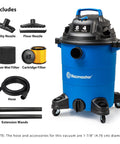 Heavy Duty 8 Gallon Wet Dry Shop Vac Delivering 75 Cfm Raw Heavy Lifting Suction For Serious Garage Cleanups Includes 17 Foot Extender Hose and Tools