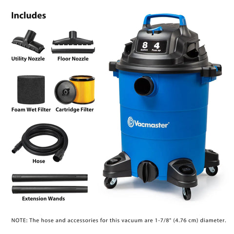 Heavy Duty 8 Gallon Wet Dry Shop Vac Delivering 75 Cfm Raw Heavy Lifting Suction For Serious Garage Cleanups Includes 17 Foot Extender Hose and Tools