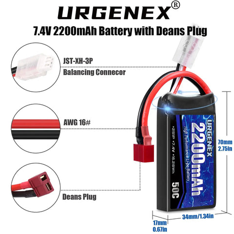 7.4V 2200mAh LiPo Battery 50C Burst 80C High Discharge for RC with Dean Style T Plug and connectors visible