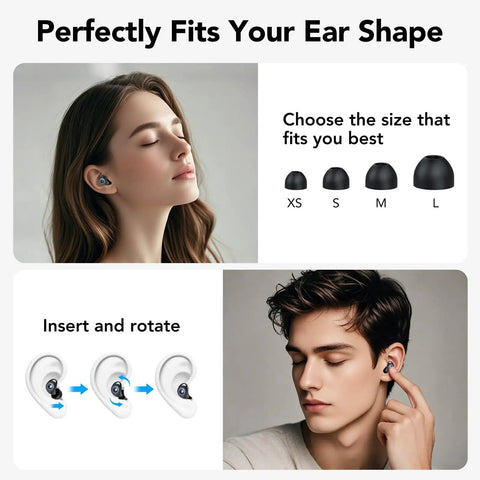 Noise Cancelling Silicone Ear Plugs for Sleep and Snoring Reduction, Soft Reusable Ear Plugs shown fitting inside ears