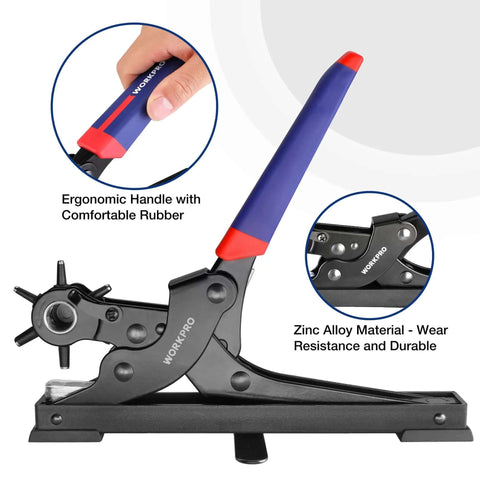 Heavy Duty Rotary Leather Hole Punch Kit With Six Size Options showing ergonomic handle and zinc alloy material detail.