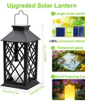 2-Pack 14-Inch Large Tempered Glass Solar Lanterns Outdoor Waterproof Hanging Lights With Realistic Flickering Flameless Candles For Wall Porch Patio Garden Cozy Decor Black showing structure and features
