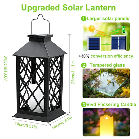 2-Pack 14-Inch Large Tempered Glass Solar Lanterns Outdoor Waterproof Hanging Lights With Realistic Flickering Flameless Candles For Wall Porch Patio Garden Cozy Decor Black showing structure and features