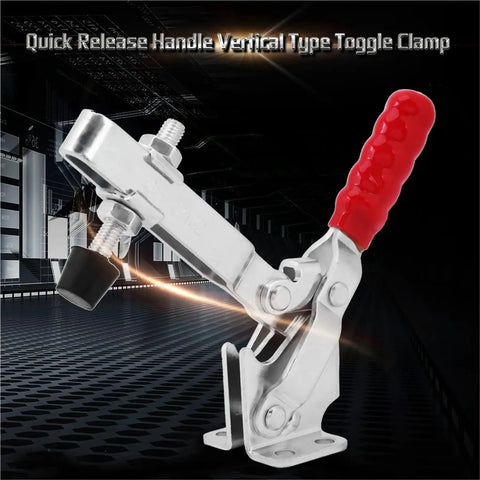 Heavy Duty Vertical Toggle Clamp Bulletproof Quick Release Lever Knockout Grip For Metalworking Shops 500 Pound Holding Capacity, silver metal design with red handle.