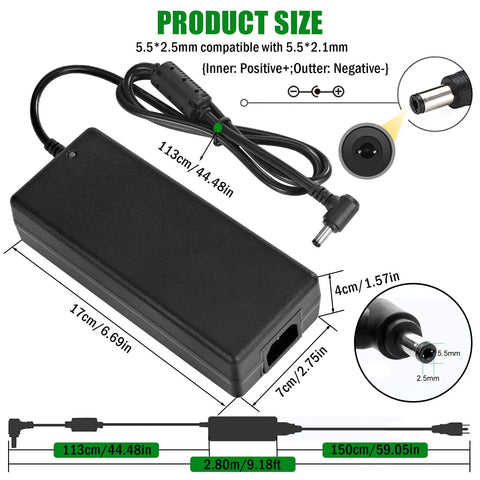 Beefy 24V 10A DC Power Supply Adapter for LED Strips and Drivers with dimensions, 5.5x2.5mm and 2.1mm barrel jack