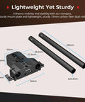 Sturdy Universal Camera Base Plate Kit With Dual 15mm Lightweight Rod Clamps, features dimensions and carbon fiber construction.