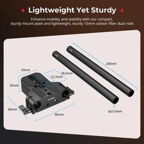 Sturdy Universal Camera Base Plate Kit With Dual 15mm Lightweight Rod Clamps, features dimensions and carbon fiber construction.