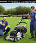 Built Tough Mower Blade Bolt And Fan Hardware Kit For 21 Inch Lawn Mowers with two workers and a 21-inch Ego Power+ mower