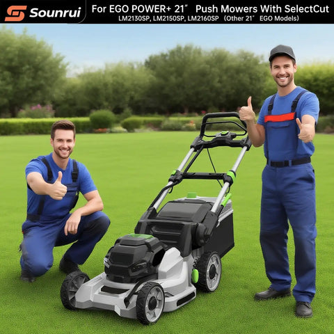 Built Tough Mower Blade Bolt And Fan Hardware Kit For 21 Inch Lawn Mowers with two workers and a 21-inch Ego Power+ mower