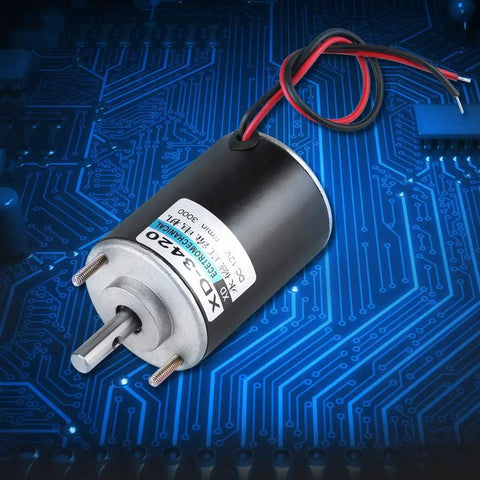 Heavy Duty 12 Volt Dc Brushed Motor With Smooth Quiet Operation And Gobs Of High Torque For Precision Grinding and Small Mechanical Devices Run Like A Dream on a blue circuit background.