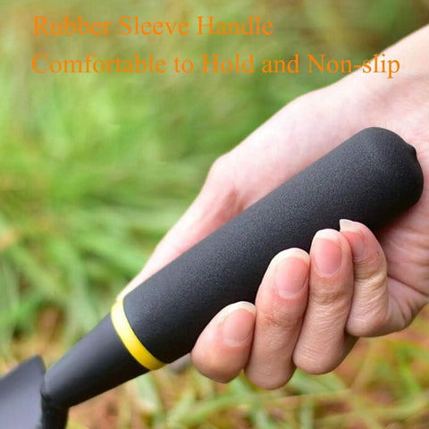 Close-up of hand holding Heavy Duty Garden Spade Hand Shovel For Digging And Planting, ergonomic rubber handle visible.