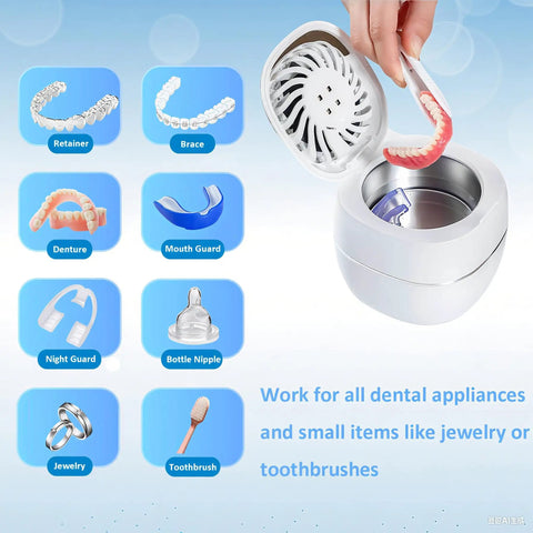 Three In One Ultrasonic Retainer Cleaner With UV Sanitizer And Fast Drying Fan For Dentures Aligners Mouth Guards Night Guards And Jewelry Deep Clean Odor Busting And Quick Dry, white unit with stainless steel basin