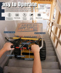 Huge Load Power Lift: Electric Stair Climbing Dolly with joystick controls navigating stairs, showing buttons for operation.