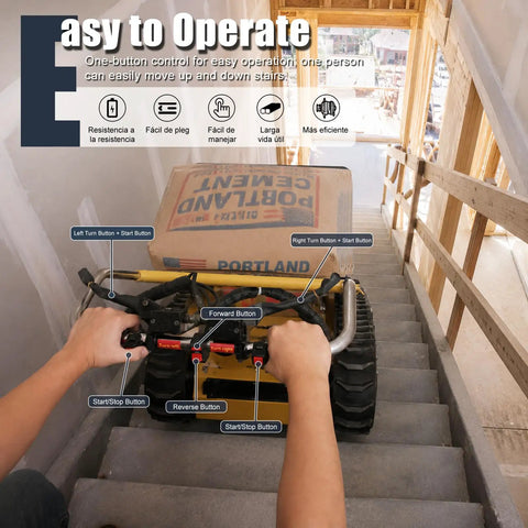Huge Load Power Lift: Electric Stair Climbing Dolly with joystick controls navigating stairs, showing buttons for operation.