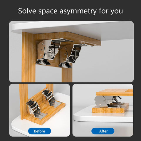 Industrial locking hinges, chrome metal pair, 90° foldable leg brackets for tables/workbenches installed on wood frame