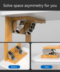 Industrial locking hinges with 180-degree foldable legs; chrome metal hardware mounted to a wooden table frame, shown in multiple views