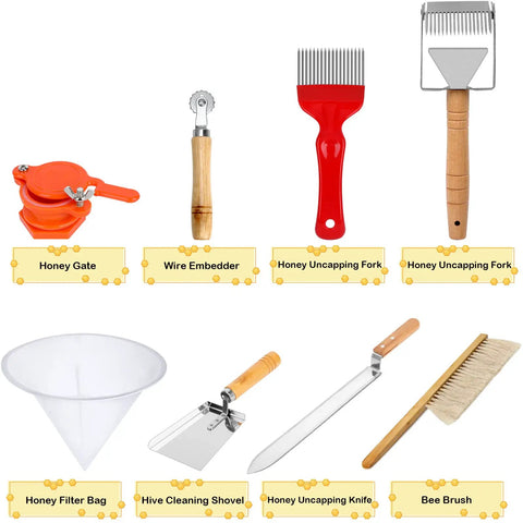 All-In-One Beekeeping Starter Kit With 30 Must-Have Tools For Hive Checks including honey gate, wire embedder, and bee brush.
