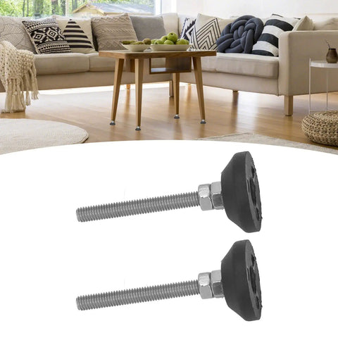 Two Pack Adjustable Furniture Leveling Feet With Swivel Rubber Glides, Threaded M6 Mounts, 50mm Height with sofa and table in background