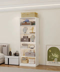 Closet Glow Up Heavy Duty Wood Tower With 6 Shelves, White Shoe Rack Cabinet For Walk In Closet, Solid Space Saver Organizer, displaying jewelry and storage boxes.
