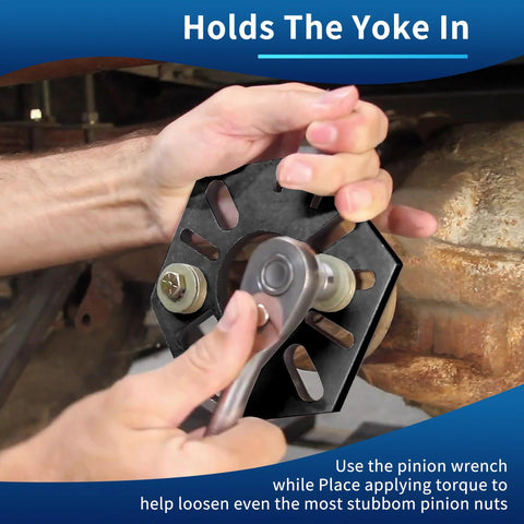 GEAROLL stainless steel pinion yoke wrench tool in front view, used with a ratchet on a black slotted mounting plate to loosen pinion nuts.