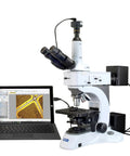 Beast Mode Metallurgical Infinity Polarizing Darkfield Microscope With 50X To 1500X Magnification, Dual EW10X22 And EW15X Eyepieces, Plan Infinity Achromatic 5X To 50X Objectives, Built For Real Lab Analysis And Microstructure Study. White lab microscope with laptop