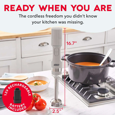 No Cord Hassle Cordless Immersion Blender Featuring Drop Proof Stainless Steel Blades And Spacious 24 Oz Mixing Cup in kitchen with soup pot