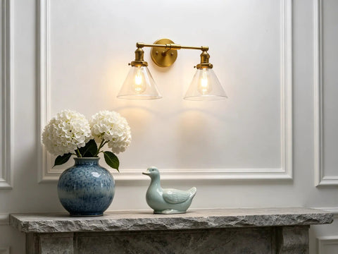 Industrial Dope Double Sconce Wall Light With Dual Seven Point Three Inch Cone Clear Glass Shades Brushed Metal Finish E26