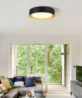Minimalist Round Flush Mount Ceiling Light in black and gold metal glass finish installed in living room, 16.5 inch diameter.