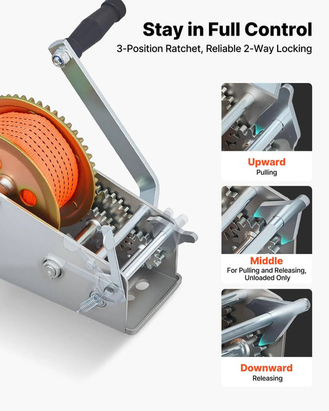 Beefy 3500 Lb Hand Boat Winch With 20 Ft Orange Strap, Two Way Ratchet, 2 Speed Switchable, Portable Manual Rope Crank, Anti Slip Handle For Boat Trailer And ATV Towing showing 3-position ratchet