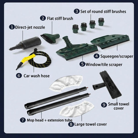 Lpoxuru High Power 3000W Handheld Steam Cleaner For Bathrooms And Sofas accessory set including nozzles and brushes.