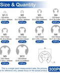 Beefy 300Pcs Stainless Steel E Clips Kit With 10 Sizes M1.5 To M10 chart showing dimensions and quantities