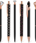 Six Pack Ballpoint Pen Set With Metal Crystal Diamond Accents, Glittery Aesthetic Pens For Journaling, Cute Stationery In Six Designs