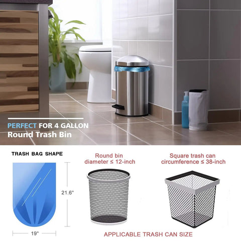 Small 4 Gallon Compostable Trash Bags, Unscented, Leak Proof Biodegradable Wastebasket Liners, Blue, 100 Count in a bathroom bin