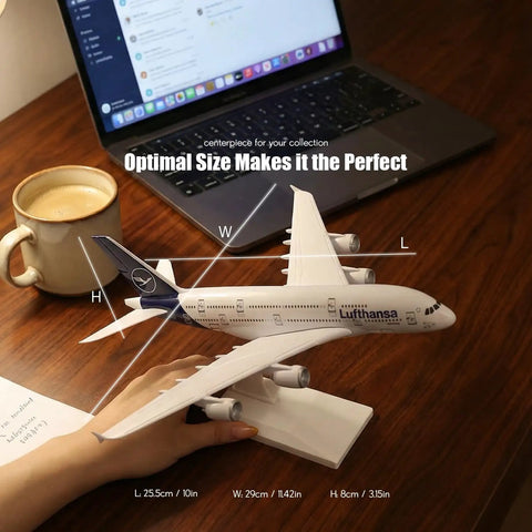 1/280 Scale Lufthansa Airbus A380 Airplane Model Kit With Snap Fit Assembly, No Glue Needed, displayed on desk near laptop