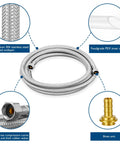 Dishwasher Installation Kit With Ten Foot Stainless Steel Braided Hose And Food Grade PEX Water Line For Easy Install displayed.