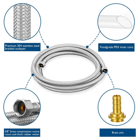 Dishwasher Installation Kit With Ten Foot Stainless Steel Braided Hose And Food Grade PEX Water Line For Easy Install displayed.