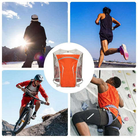 Collage showing Lightweight Hydration Backpack for Running and Hiking with Built In Water Reservoir Snug Fit Hydration Vest in action