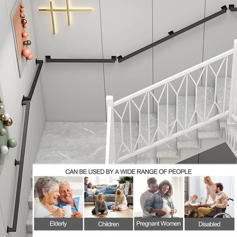 Heavy Duty Black Wrought Iron Wall Mount Stair Railing Adjusts 5 To 14 Feet For Decks And Porches, shown in home setting.