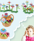Child imagines playing with Flower Garden Building Kit For Kids 120 Piece Bouquet Toy Set, flowers in baskets and garden stands.